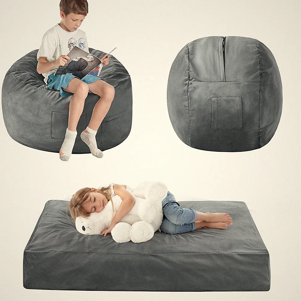 Bean Bag Chair Bed - Convertible Lazy Chair to Floor Mattress with Filler - S...
