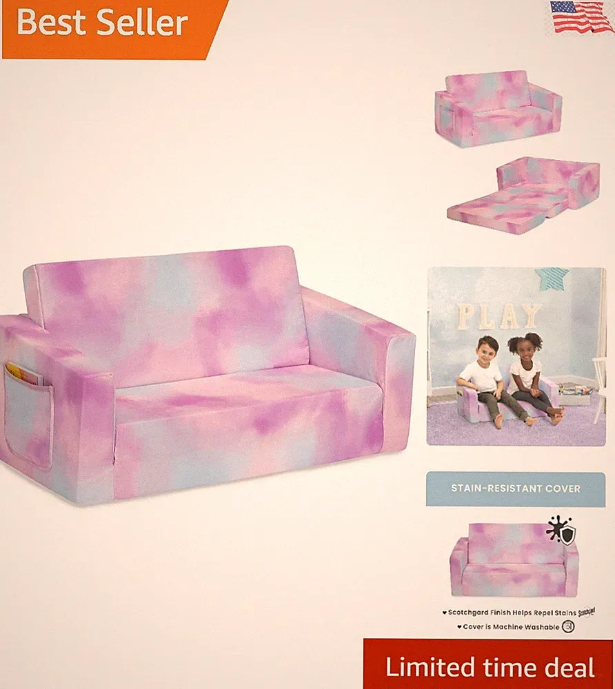 Cozee Flip-Out 2-in-1 Convertible Sofa to Lounger for Kids, Pink Tie Dye