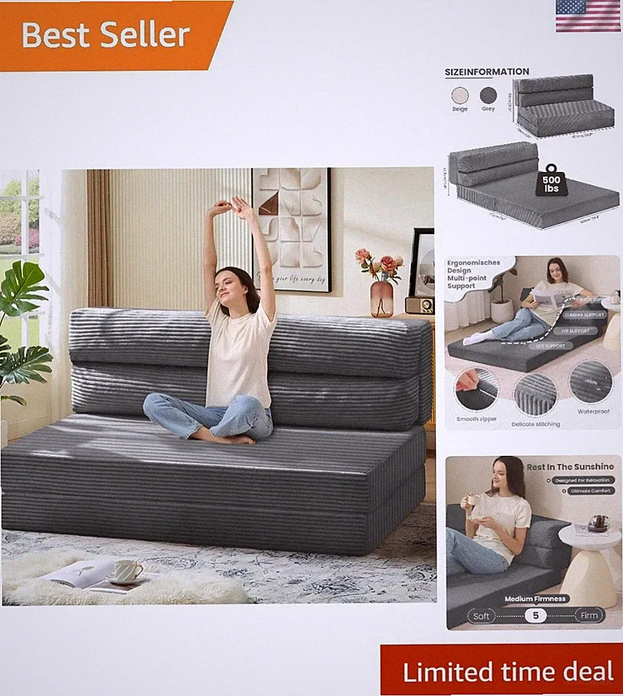 Elegant Queen Folding Sofa Bed - Convertible Sleeper Chair with Pillow in Grey