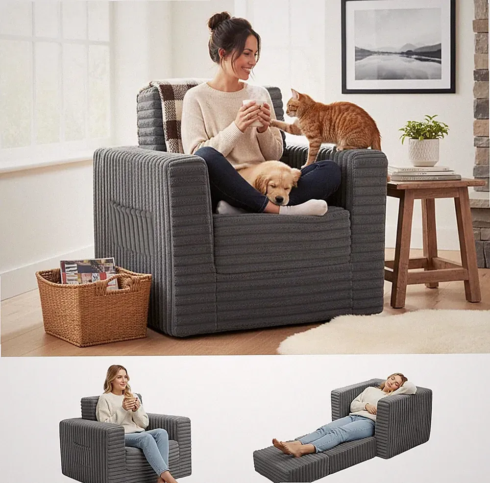 Folding Sofa Bed with Ottoman, Convertible 2-In-1 Boneless Couch Futon Lounge Ch