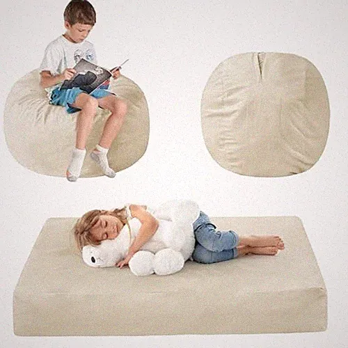 Kids Bean Bag Chair Bed - Convertible Lazy Chair to Floor Mattress Small Beige