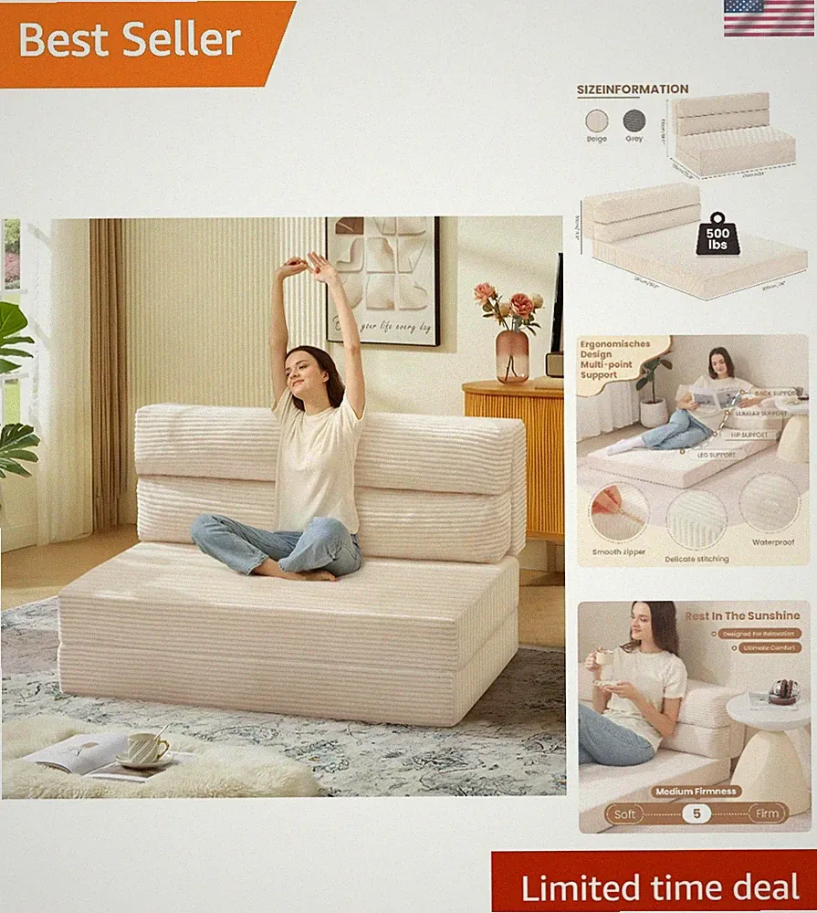 Luxurious Corduroy Folding Sofa Bed, Multi-Use Portable Lounge Chair in Beige