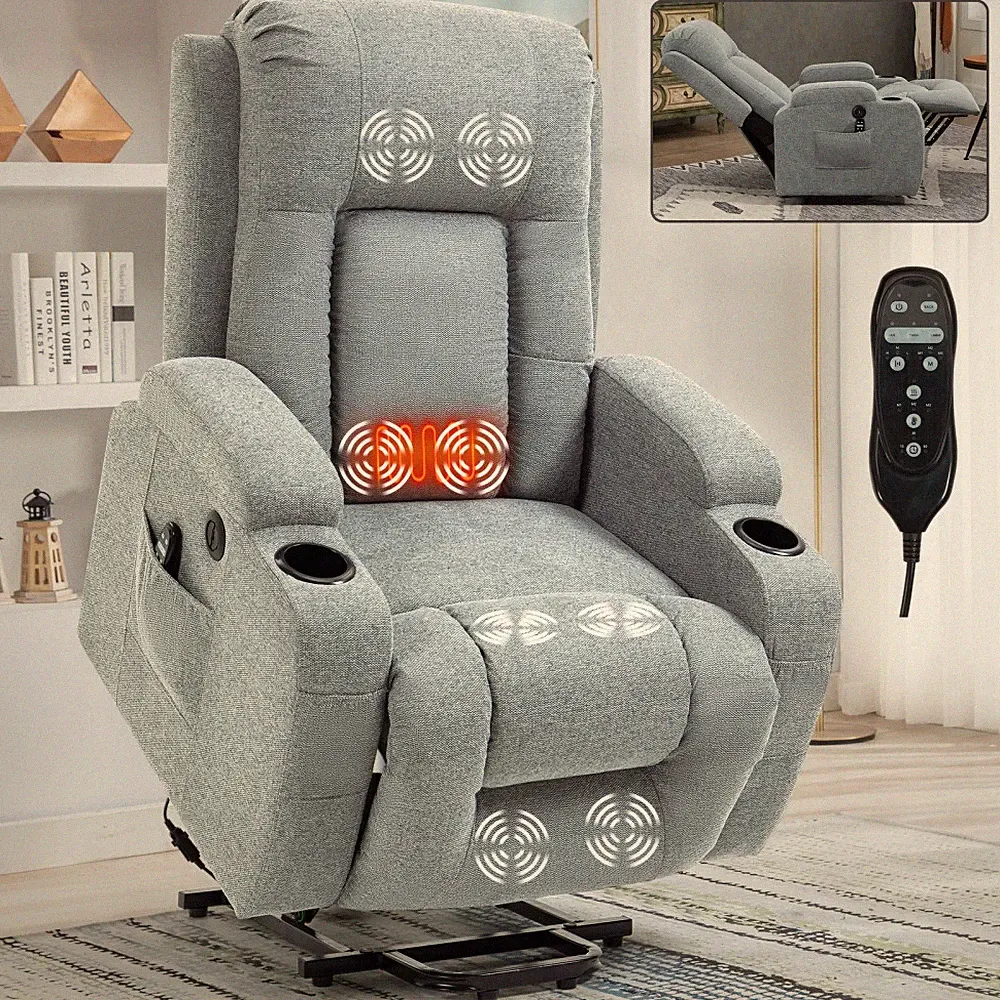 Single Motor Power Lift Recliner (350LBS) – 8-Point Massage+Lumbar Heat,USB Grey