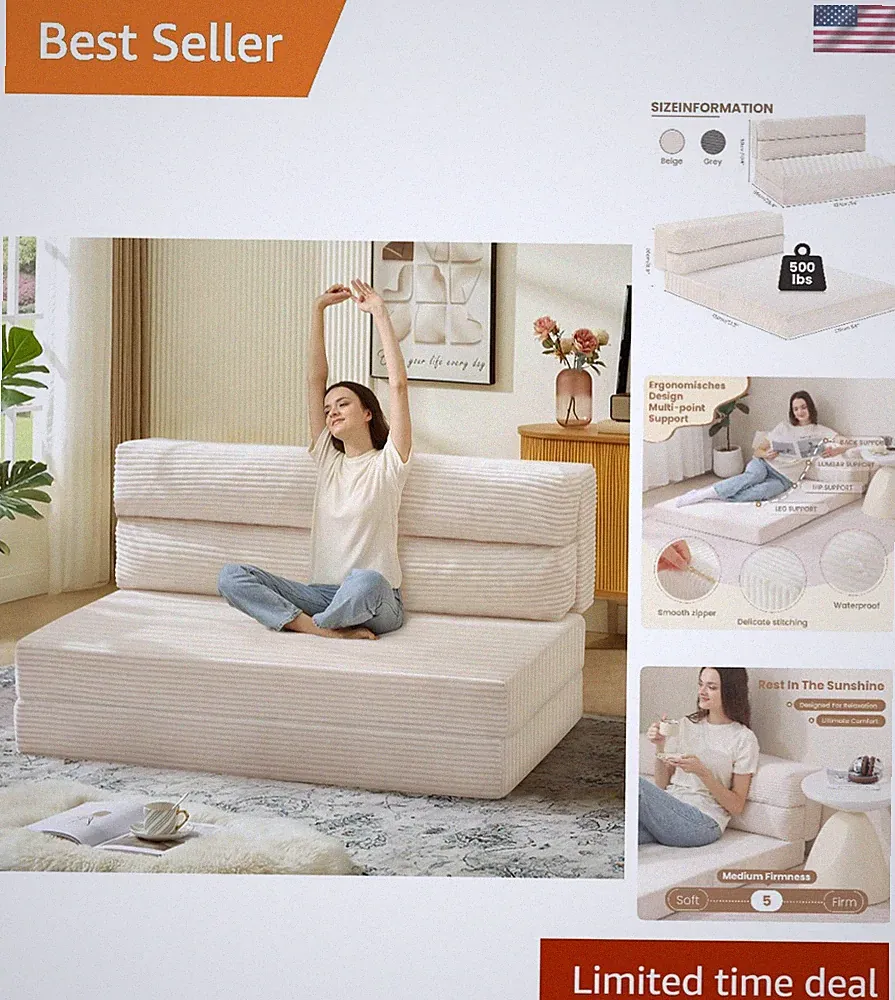 Versatile 2 in 1 Sofa Bed with Machine Washable Cover - Ideal for Small Spaces