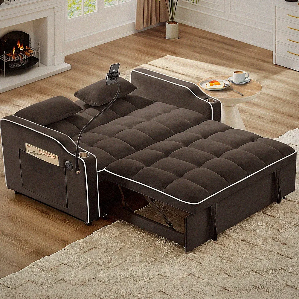 Versatile Foldable Double Seat Recliner,Comfortable Velvet Pull-Out Sleeper So